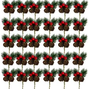 30PCS Artificial Pine Picks Christmas Simulation Pine Needle Small Berries Pinecones for Flower Arrangements Wreaths Wedding Xmas Tree Decor (30, Red)
