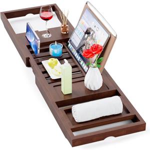 Yirilan Bamboo Bathtub Tray Caddy, 1 or 2 Person Expandable Wooden Bathroom Tray, Bath Tub Table Caddy with Extending, Brown