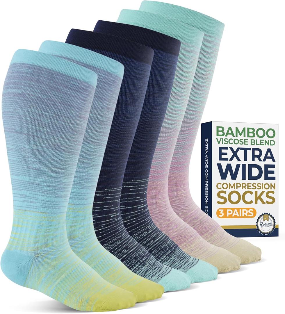 Pembrook 3 Pairs Plus Size Compression Socks Wide Calf - Bamboo Viscose Compression Socks for Women Wide Calf