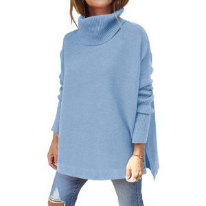 LILLUSORY Women's Turtleneck Oversized Sweaters Long Batwing Sleeve Spilt Hem Tunic Pullover Knit Tops (Medium, Light Blue)