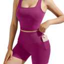 SUUKSESS Women 2 Piece Workout Sets Hidden Scrunch Butt Lifting Biker Shorts Square Neck Tank Tops (X-Small, Purple)