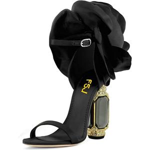 FSJ Women Open Toe Stylish Sandal Ankle Strap Chunky Block High Thick Heels Wedding Party Ballroom Prom Shoes  (7, Black Flower)