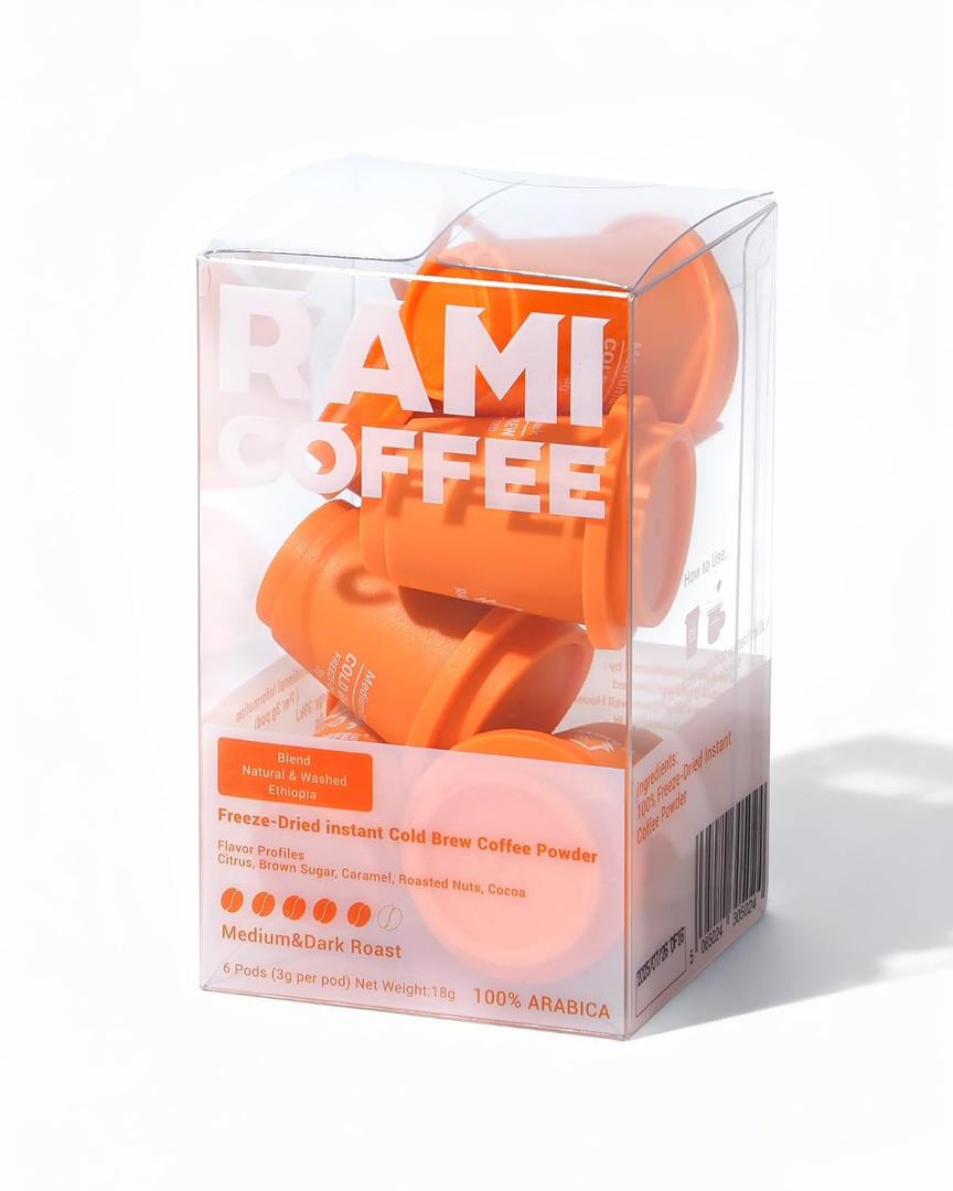 Rami Coffee Cold Brew Freeze Dried Instant Coffee Powder, Medium-Dark Roast 100% Arabica, 6 Portable Single Packets for Home Travel Backpacking Camping (EXP 08/08/25)