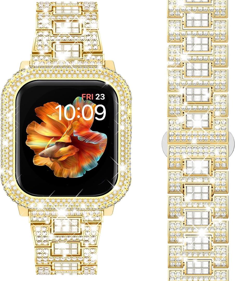 Mosonio Compatible with Bling Apple Watch Band Women 40/44/41/45/42/46mm with Shiny Metal Case, Full Sparking Luxury Diamond Bands and Cover Set, Charming Wedding Strap for iWatch SE Series 11/10/9/8/7/6/5/4 (Gold)