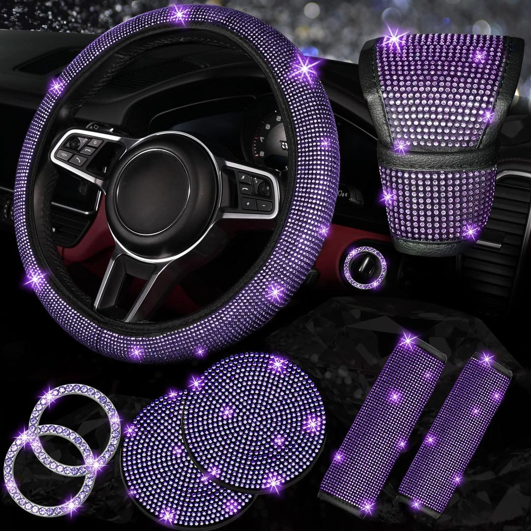 NBTEPEM 8 pcs Bling Car Accessories Set for Women, Steering Wheel Cover, Sparkly Seat Belt Covers, Bling Gear Shift Cover, Universal Fit Most Cars (Purple Violet Diamond)