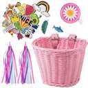 Kid's Bicycle Basket Streamers Set, Unicorn Children's Bike Handlebar Wicker Basket Bike Streamers Bell and Stickers, Bike Basket Front Decoration for Girls (Pink)