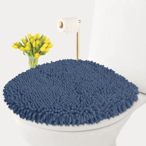 LuxUrux Toilet Lid Cover with Stretch Fit Elastic Band  Chenille Microfiber Toilet Seat Non-Slip Cover for Bathroom  Soft Plush, Machine Wash And Dry, Comfort & Clean Look (18 x 18'', Medium Blue)