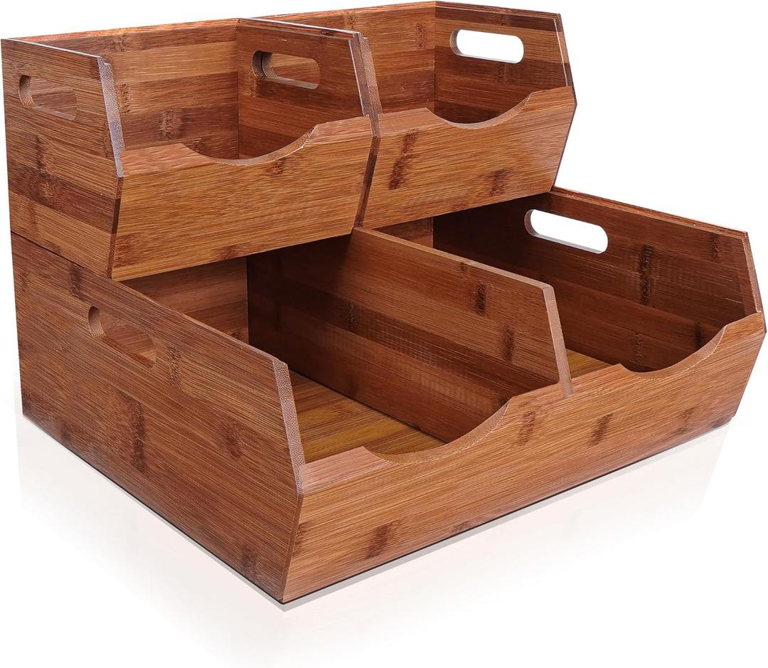 [Upgraded] 2tier Stackable Bamboo Pantry Storage Bins, Potato and Onion Storage Baskets with Handles, Removable Divider, Pantry Organizer Holder for Kitchen, Office, Cabinet, Fruit Storage (Walnut)