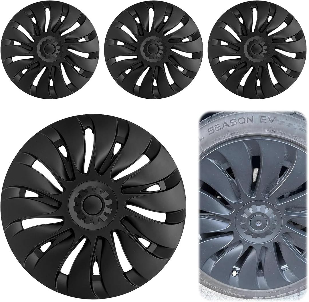 Tesla Model Y Wheel Covers 2020–2024, Full Fit Hubcaps with Left-Right Aero Symmetry, Matte Black ABS+PC, Reduced Wind Drag, Snap-On Install, Includes Tire Repair Kit (19 Inch 14-Spoke)