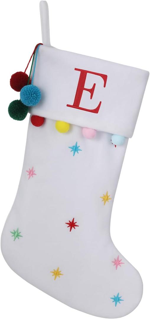 19.5 Inches Initial Monogram White Christmas Stocking Personalized, Embroidered Letter Fleece Christmas Stocking with pom poms Decoration for Family Christmas Holiday Party Decor-E