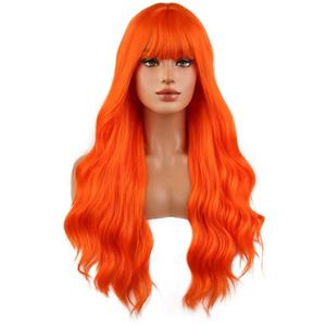 MAGQOO Orange Wigs for Women Girls Bright Neon Orange Wig with Bangs Long Curly Wavy Wigs Halloween Cosplay Costume Party Wig Synthetic Heat Resistant