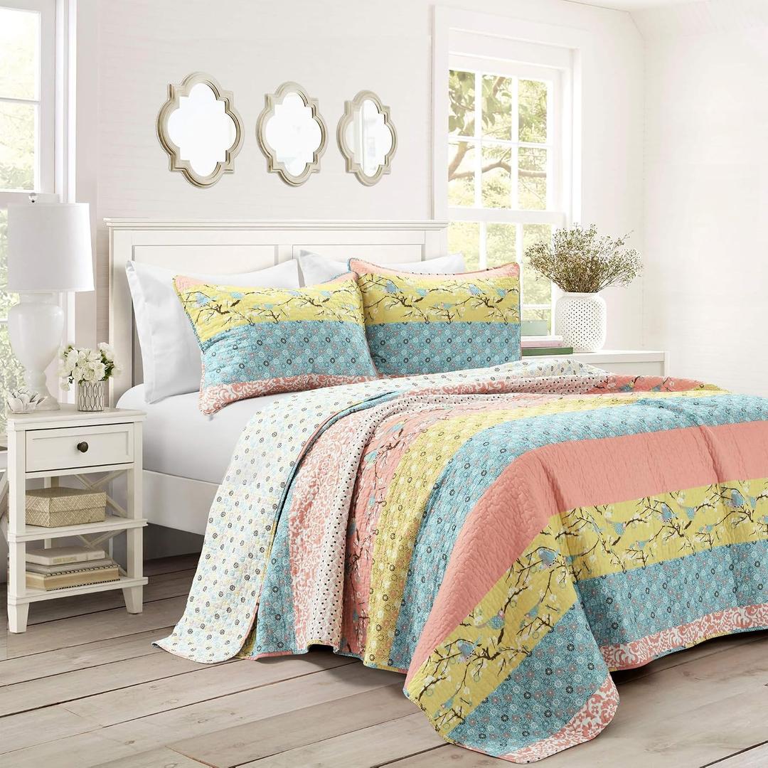 Lush Decor Royal Empire Reversible Cotton Quilt Set - 3 Piece Striped Bedding Set - Bold & Colorful Bohemian Patterns - Soft Cotton Feel - Full/ Queen, Blue and Coral