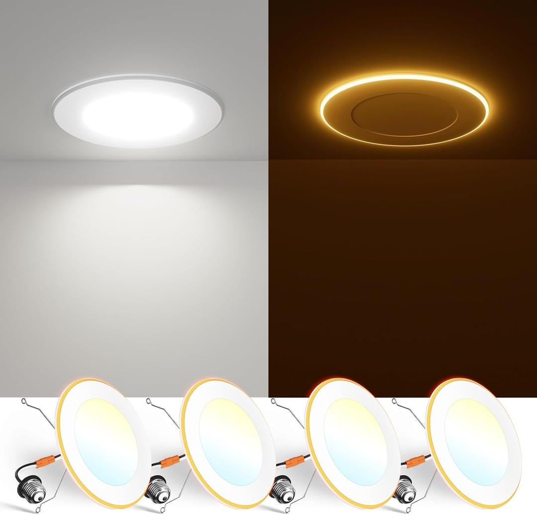 FREELICHT 4 Pack 5/6 Inch 5CCT LED Recessed Can Light with Night Light, 2700K/3000K/4000K/5000K/6000K Selectable Flat Recessed Lighting, 10W=110W, 1000LM, Dimmable Retrofit - ETL & FCC