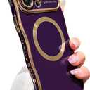 for iPhone 15 Pro Max Case Magnetic,for Women Girls Soft Cute Wave Frame Curly Shape Love Heart Luxury Plating Phone Case Compatible with MagSafe Shockproof Back Cover 6.7"-Dark Purple