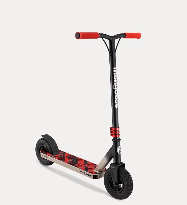 Mongoose Tread Youth/Adult Freestyle Dirt Kick Scooter, Ages 8 Years and Up, Air Filled Tires, Max Rider Weight 220 Pounds, Black/Red