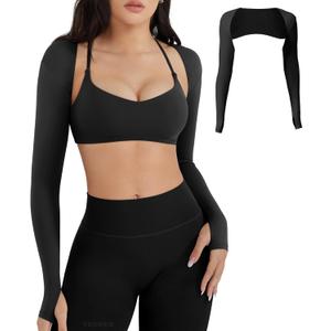 YEOREO Women Crop Top Long Sleeve Bolero Open Front Workout Cropped Shirts Sports Shrug (Medium, Black)