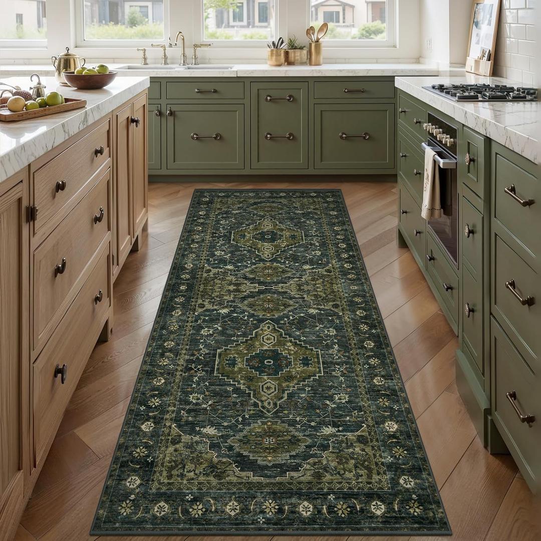 Tangsoo 2x6 Green Washable Runner Rug for Hallways, Non Slip Vintage Runner Rug, Soft Low Pile Long Rug Runner, Print Carpet Runners for Kitchen Bedroom Entryway Bathroom Living Room Olive Green (Dark Blue/Green)