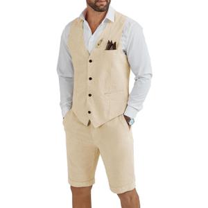 Men's Linen 2 Piece Suit Slim Fit Wedding Groom Groomsmen Summer Vest Shorts Set (3X-Large, Champagne)