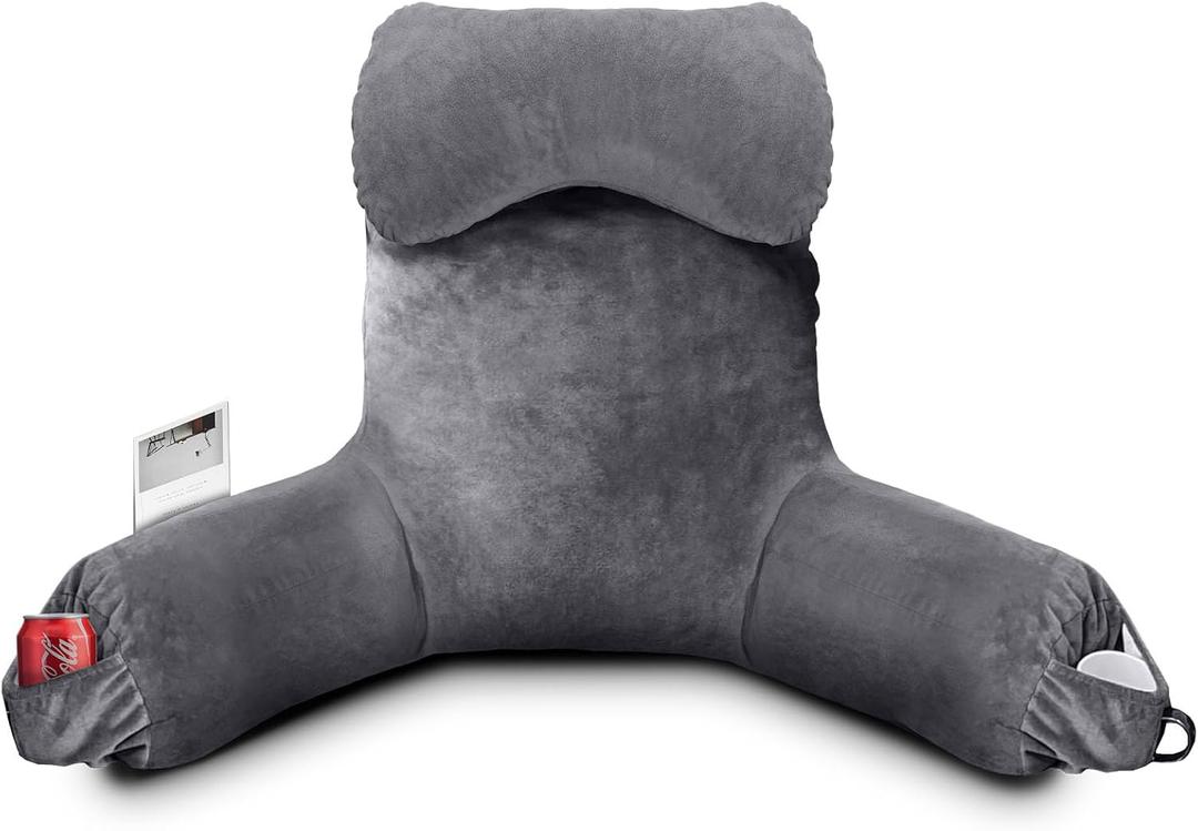 Reading Pillow for Sitting in Bed Adult, Bed Pillow with Shredded Memory Foam, 25''H Pillow with Detachable Neck Roll, Washable Cover, Back Pillow Sitting Up with Extend Arms, Gery (Grey)