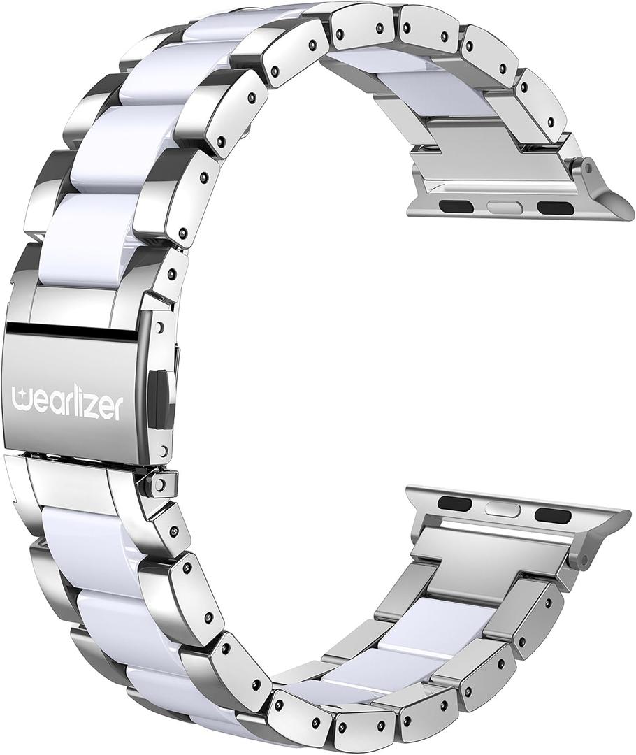 Wearlizer Silver Compatible with Apple Watch Band 38/40/41/42mm, Fashion Womens Men Stainless Steel Strap White Resin Wristband Replacement Metal iWatch Series 11 10 9 8 7 6 5 4 3 SE/Ultra 3 2 1