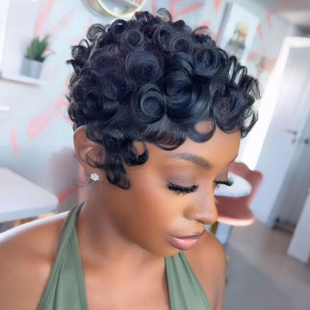 Short Pixie Wigs for Black Women Short Curly Wigs for Black Women Synthetic Hair Replacement Wigs with Bangs Daily Use Glueless Full Machine Made Wig (Color 1B#T28C)