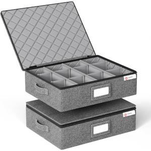 YearningHome Cup and Mug Storage Box with Hard Shell and Dividers for Coffee Mugs,Tea Cups and Glasses,Stackable Storage Organizers with Lid,Handles,Zips and Lable for Moving,Holds 12,2 Pack, Grey