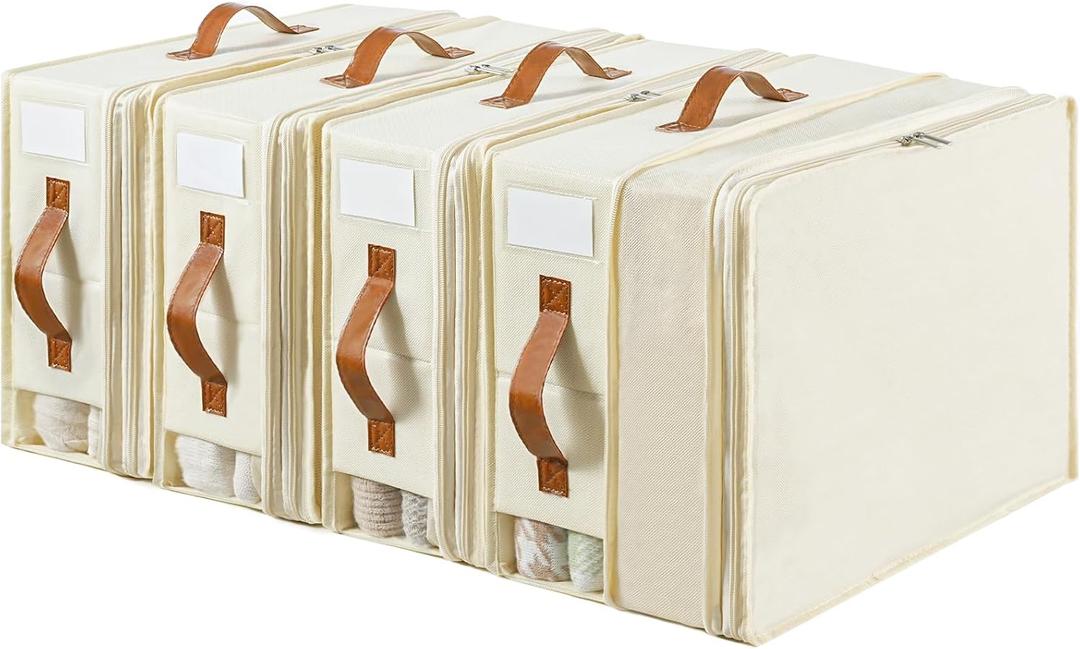 Bed Sheet Organizers and Storage, 4 Pack Linen Closet Organizers with Adjustable Zipper, Foldable Bedding Storage for Queen or King Size Bedsheets, Duvet Covers and Pillows (Plus Zipper White)