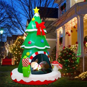 Joliyoou Christmas Inflatable Decoration, 7.2FT H Air-Blown Lighted Christmas Tree Sleeping Inside A Deer, Jumbo Blow Up Xmas Tree Adorned with Red Bow Gift Boxes for Outdoor Indoor Decor