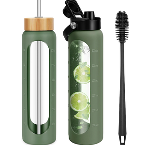 32 oz Glass Water Bottles - 1 Liter Motivational Tumbler With Time Marker - Borosilicate Glass With Silicone Sleeve and 2 Lids, Handle Spout & Bamboo Straw Lid (Olive)