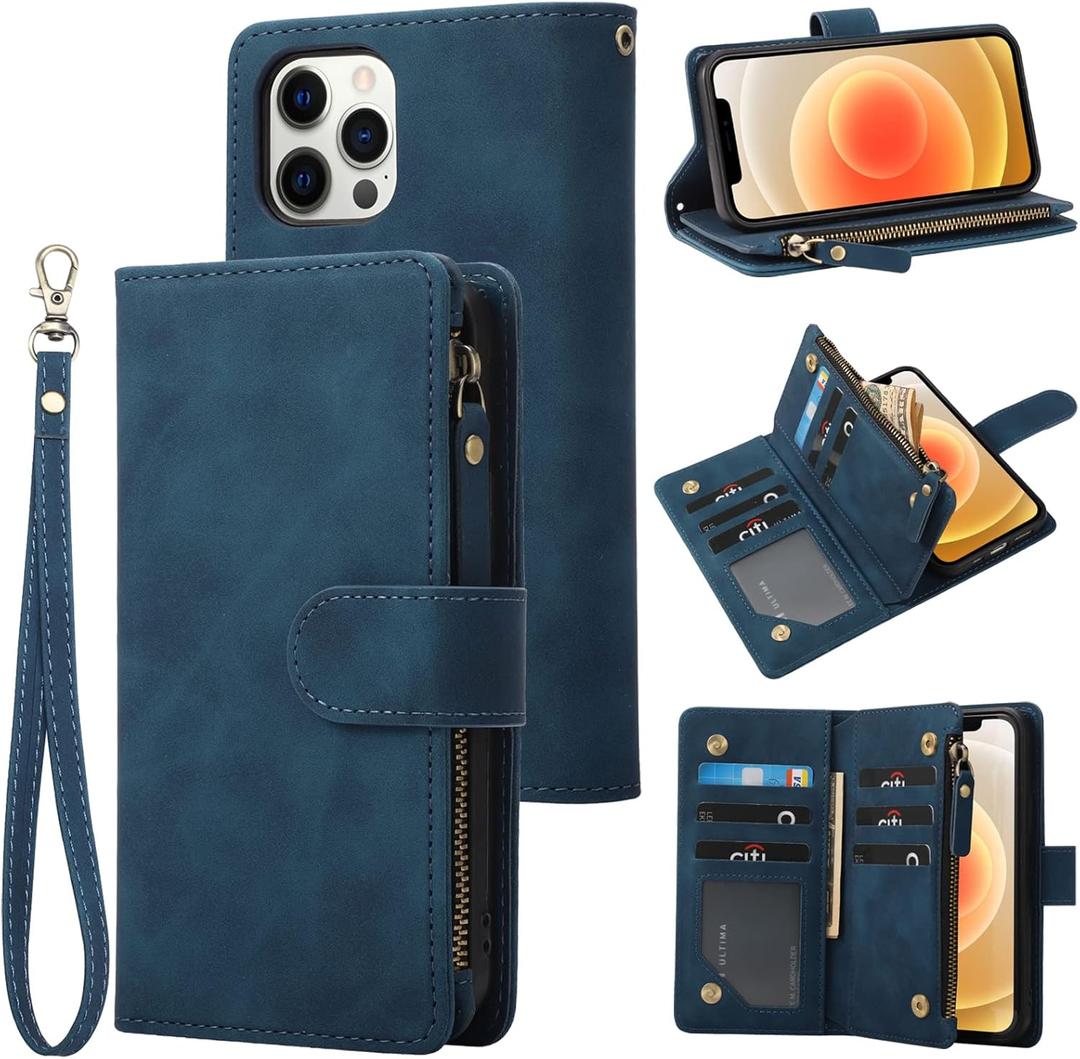 RANYOK Wallet Case Compatible with iPhone 13 Pro (6.1 inch), Premium PU Leather Zipper Flip Folio Wallet RFID Blocking with Wrist Strap Magnetic Closure Built-in Kickstand Protective Case (Blue)