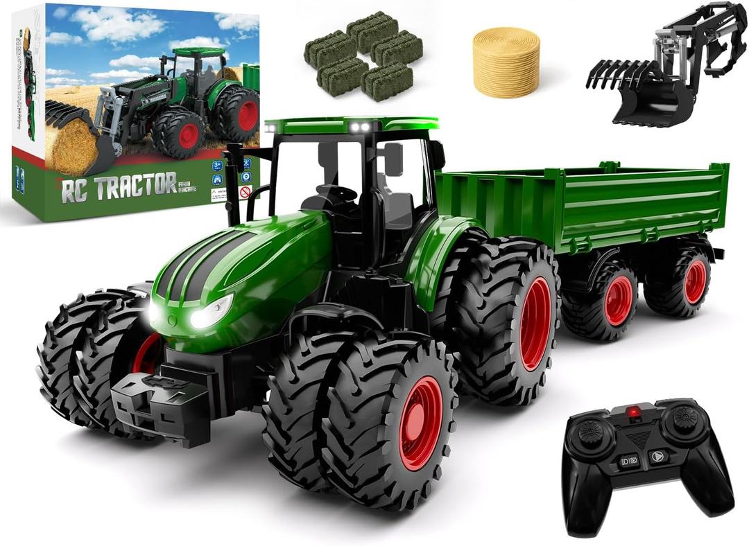 Remote Control Tractor Toy with Trailer | Metal Front & Front Loader Farm Vehicle Set with Lights & 8-Wheel Design, RC Tractor Truck for Boys Ages 3-9, Fun Farm Toy Gift for Kids (Green)