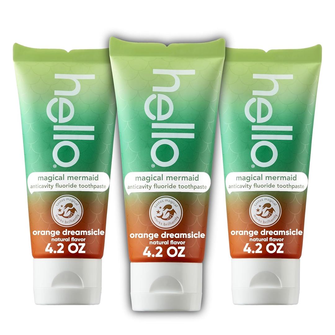 Hello Magical Mermaid Kids Toothpaste with Fluoride, Orange Dreamsicle Flavor Toothpaste for Kids, Safe for Ages 2 and Up, Helps Prevent Cavities, Strengthen Enamel, Polish Teeth, 3 Pack, 4.2 Oz Each