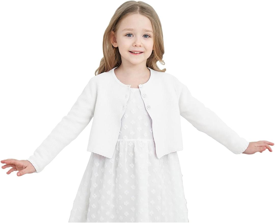 Girls' Long Sleeve Knitted Bolero Cardigan Kids Button Closure Shrug Sweaters Cropped Jacket Cover Up Tops (11-12 Years, Ecru)
