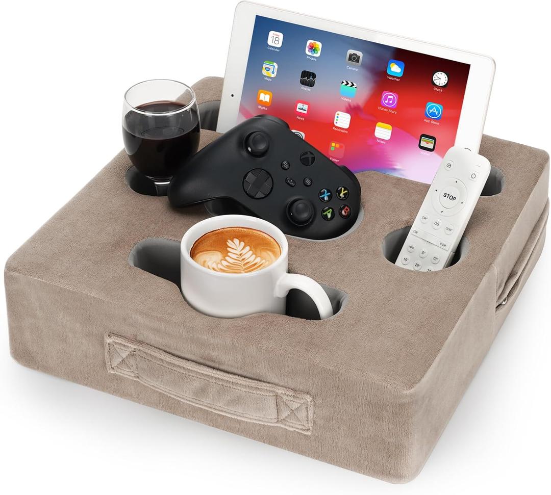 STBoo Couch Cup Holder Pillow Tray - Sofa Drink Cup Holder Cozy Buddy | Bed Caddy Organizer for Remote, Snacks Beverage, Phones, Tablet | Use it on Car, Pack, Beach, RV, Boat, Bedroom (Light Brown) (XL-13.5x13.5x3.75inch)