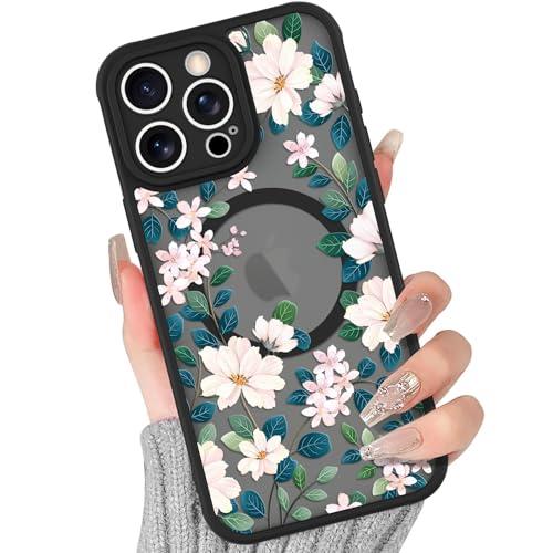 BITOBE Floral Case for iPhone 14 Pro [Compatible with MagSafe] Cute Flower Pattern Case for Women Girls Soft TPU Bumper Translucent Magnetic Slim Protective Cover - Flowers & Leaves