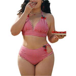 GORGLITTER Women's Plus Size Bikini Sets Checkered Triangle Halter Tummy Control Swimsuit Cute Y2K 2 Piece Bathing Suit, 4X-Large Plus, Red