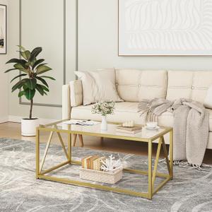 HOOBRO Glass Coffee Table, Gold Coffee Tables for Living Room, Gold Glass Coffee Table,1 Layer Center Table, Modern, for Apartment, Office, 39.4 x 19.7 x 17.7 Inches, Easy Assembly, Golden GD04KF01
