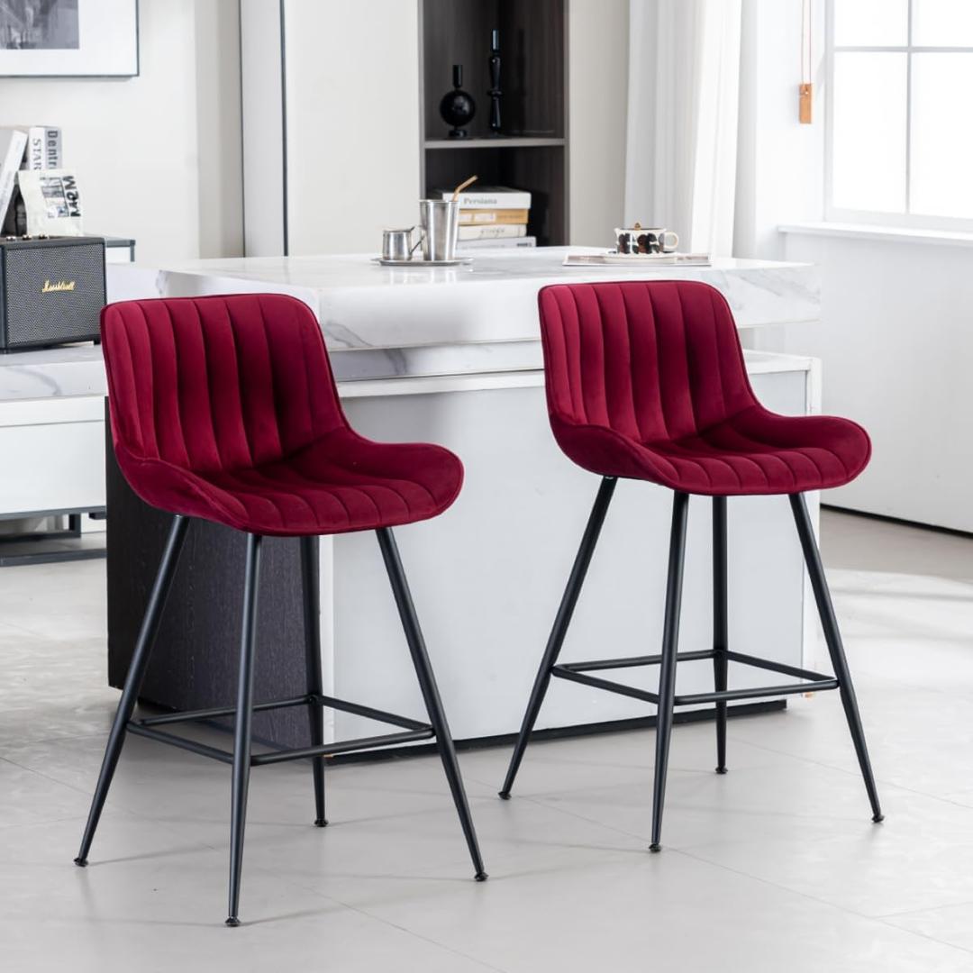Bar Stools Set of 2 - Burgundy Counter Height Bar Stools Velvet Fabric Upholstered Bar Stools 24 Inches Seat Height Barstools with Backs Bar Chairs for Kitchen Island (Burgundy)., Large
