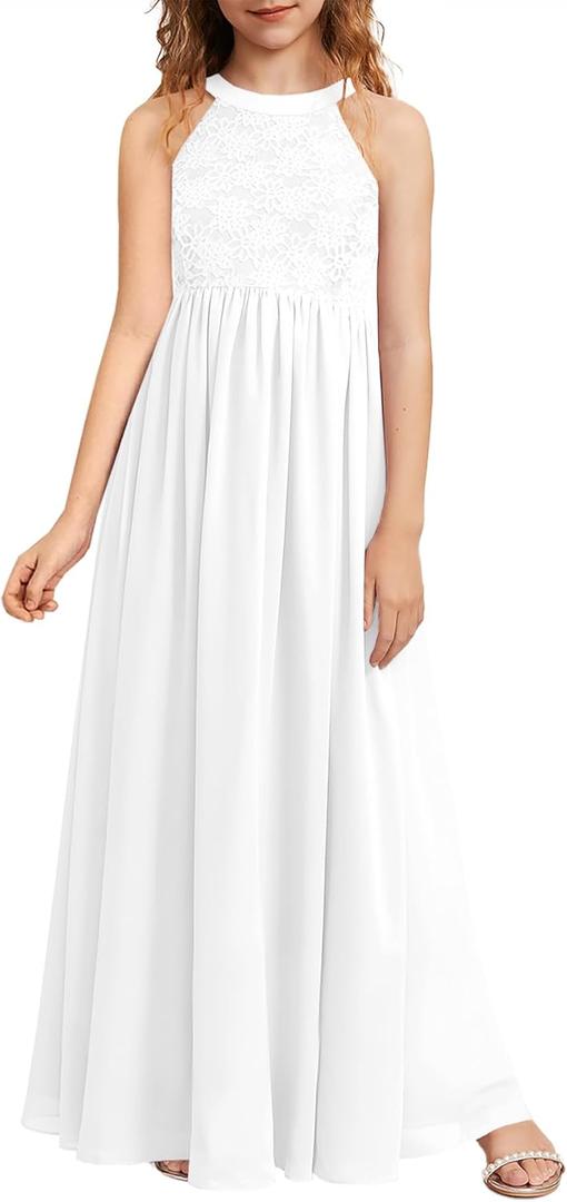 HOSIKA Girls Halter Neck Sleeveless Elegant Lace Chiffon A-line Long Flower Girl Dress for Wedding Party 8 Y