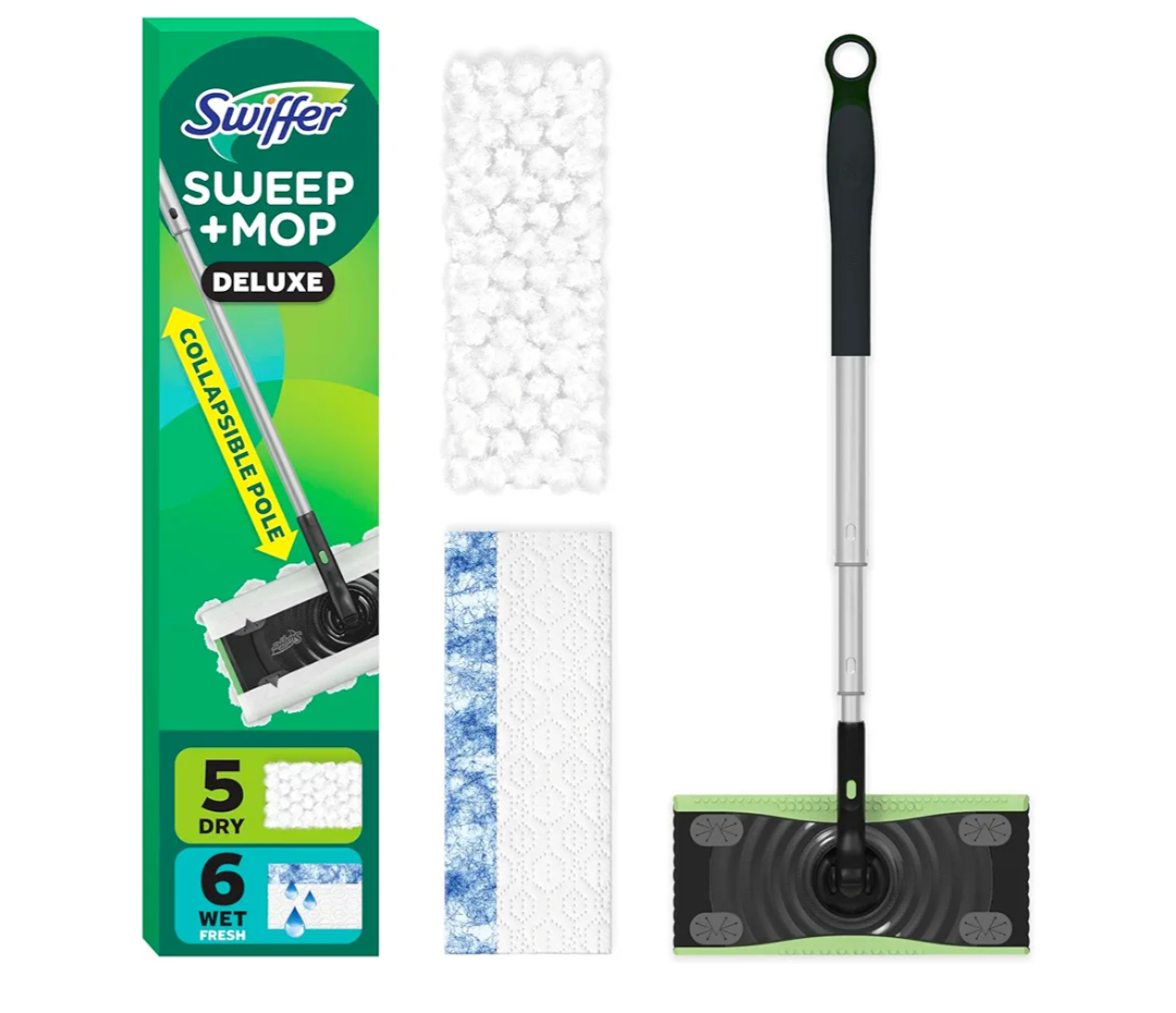 Swiffer Sweep & Mop Deluxe 2-in-1 Multi-Surface Kit for Floor Cleaning, Includes 1 Sweeper Device, 5 Dry Sweeping + 6 Wet Mopping Heavy Duty Cloths, Black