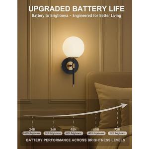 MSTETO Battery Operated Globe Wall Sconce, Black & Gold Wireless Wall Light with Remote Control, Rechargeable 3 Color Stepless Dimming Modern Wall Decor Lamp for Bedroom Living Room Hallway