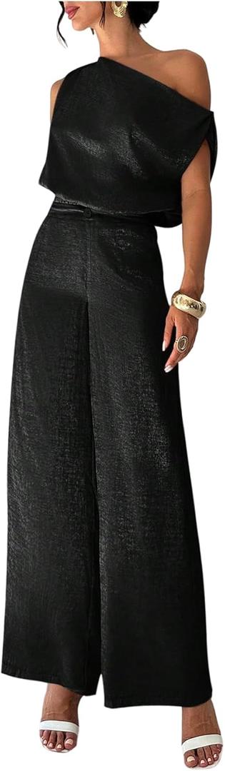 OYOANGLE Women's 2 Piece Outfits Metallic Sleeveless Asymmetrical Crop Blouse and Wide Leg Pants Set (Black)