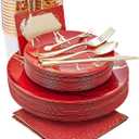 N9R 225PCS Red Gold Plastic Dinnerware Set - Disposable for Mothers Day, Includes 25 Dinner Plates, 25 Dessert Plates, 25 Forks, 25 Spoons, 25 Knives, 25 Gold Cups, 25 Napkins & Table Cards