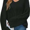 Womens Oversized V Neck Cable Knit Sweater Spring 2026 Casual Lightweight Ladies Long Sleeve Pullover Sweaters (Small, Black)