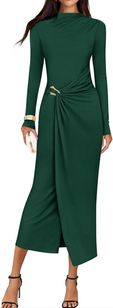 ZESICA Women's 2026 Spring Long Sleeve Bodycon Dress Mock Neck Wedding Guest Cocktail Party Long Midi Dresses (Green, M)