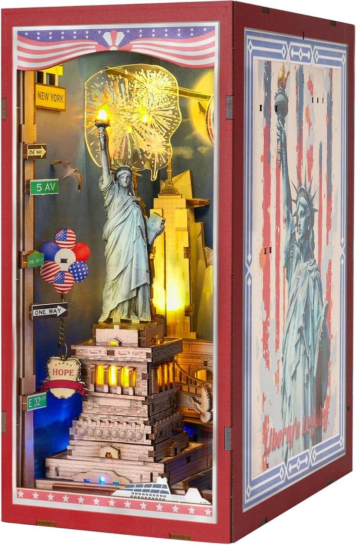 Book Nook Kit, DIY Miniature House Dollhouse Crafts Kit for Adults and Teens, The Statue of Liberty New York Cityline 3D Wooden Puzzle Booknook Build Bookshelf Decor GiftsLiberty's Legacy