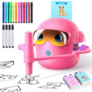 Drawing Robot for Kids with 100 Cards, Montessori Painting Learning Toys for 3 4 5 6 7 8 Year Old Boys Girls,Voice Interactive Early Learning Educational Drawing Toy Gift for Birthday Party (Pink)