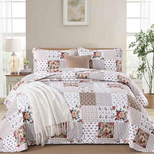 Menghomeus Taupe Floral Quilt Set Queen Boho Patchwork Bedspread Floral Coverlet Reversible Bed Quilt Set All Season Soft Microfiber Bedding Farmhouse Bed Sets, 96"x90"