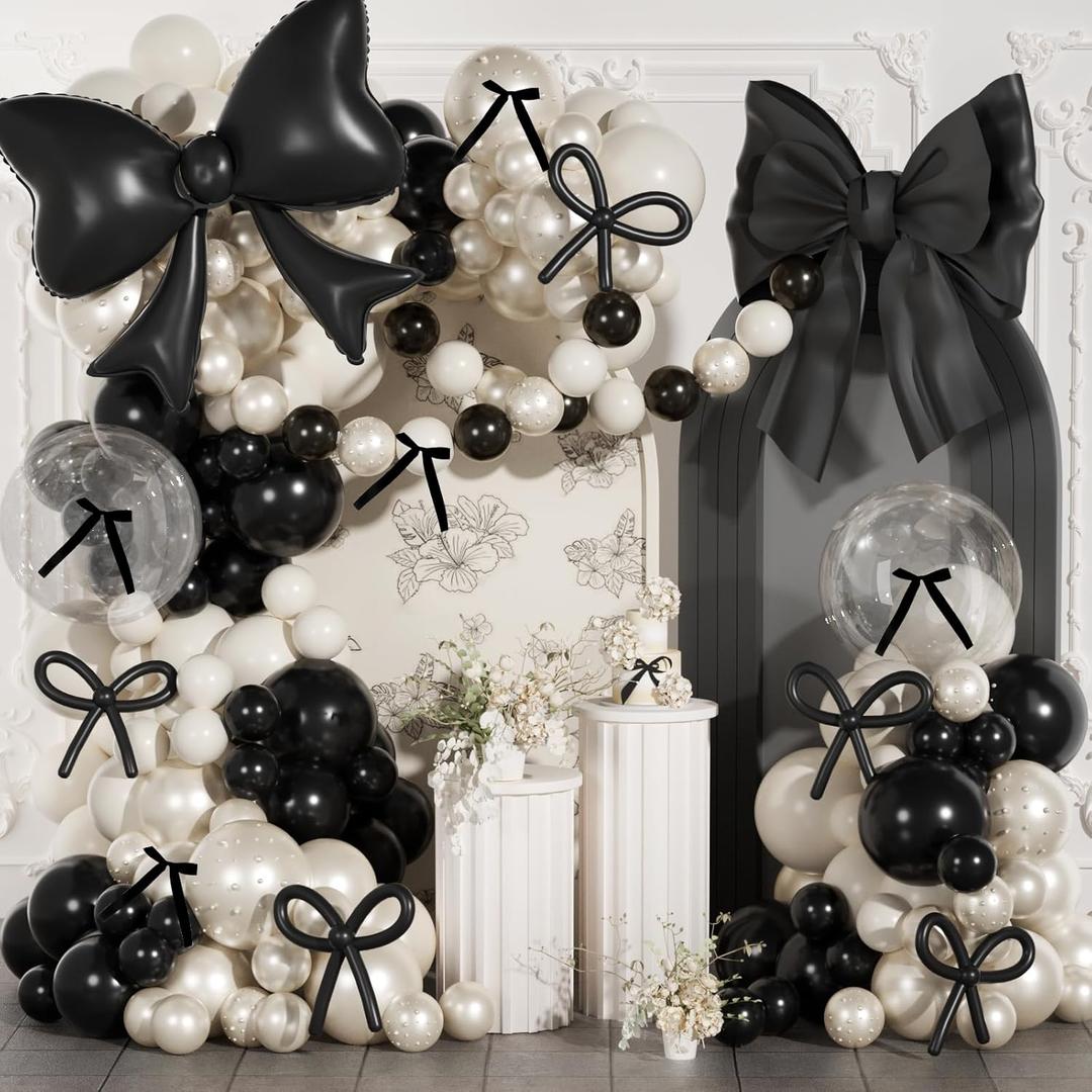 Black Bow Birthday Decorations,187Pcs Black and White Balloon Arch Kit with Clear Bow Foil Double Stuffed Pearl Balloons Ribbon Bow Pearl Stickers for Bow Coquette Birthday Bachelor Bridal Baby Shower