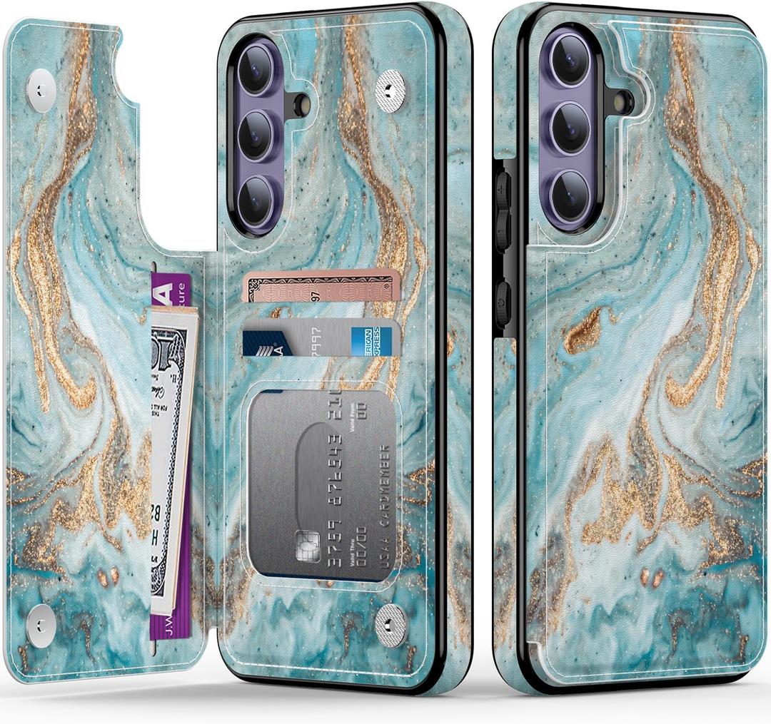 Goodon for Samsung Galaxy S24 Plus Case Wallet - Flip Folio Leather Cover with Trendy Floral Design, 3 Card Slots & Kickstand Function, Protective Phone Case for Women and Girls - Teal Gold Marble